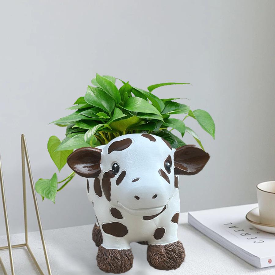 New Plateau Dairy Cow Resin Flower Pot: Succulent Vase & Home Decor Ornament