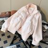 Women Pink Short Puffer Jacket Knitted Sleeves Zip Up Winter Warm Coat Ribbed Hem