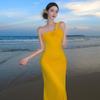 Seaside Vacation Sexy Hottie Slanted Shoulder Tube Top Dress Waist Hip Beach Dress Women