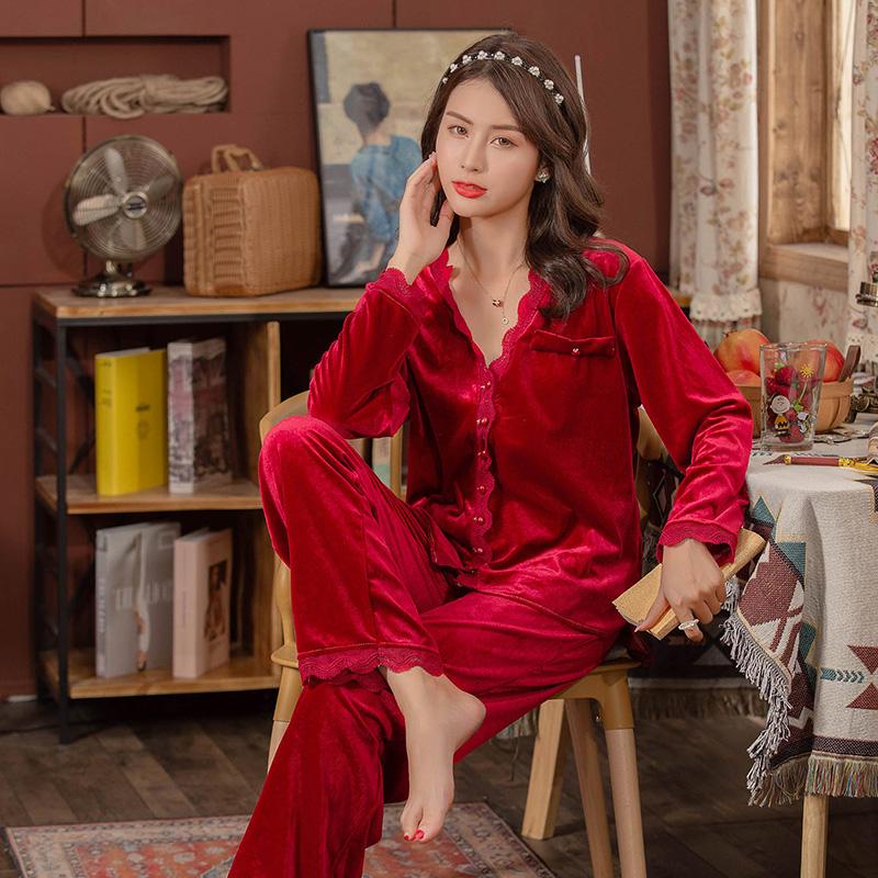 

Пижама большого размера, кружевная женская бархатная пижама, ночная рубашка для полных женщин, пижамный комплект, теплая пижама для подружек невесты, пижамные комплекты M