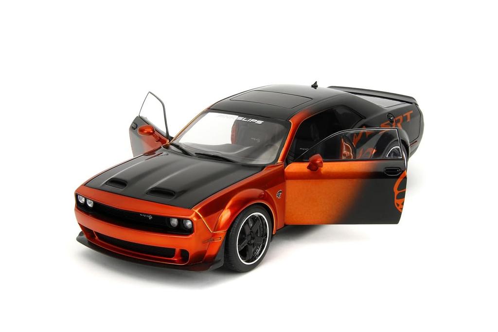 Kyosho Jada Toys PINK SLIP Series Scale 2015 Dodge Challenger SRT Hellcat in Orange JADA35722 1/18 Metallic/Black (Finished Model)