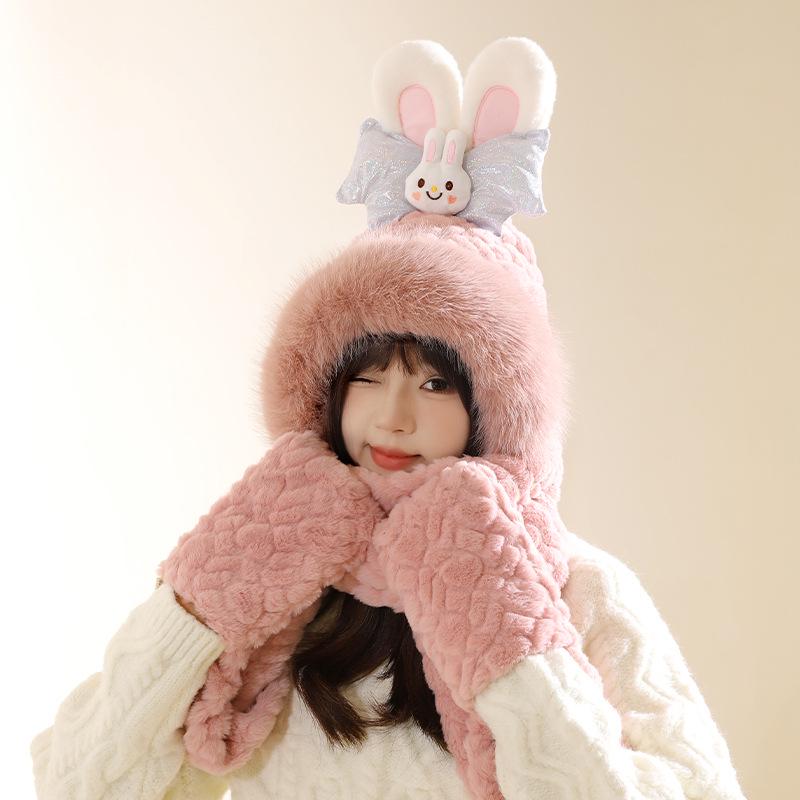 Women's Cozy Fox Ear Plush Hat with Integrated Scarf - Warm, Soft Lei Feng Design for Autumn and Winter. Perfect Ear Protection for Students.