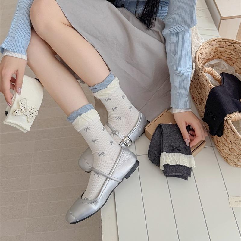 Autumn Polka Dot Bow Mid-calf Socks for Women, Sweet Bubble Mouth Lace Pile Cotton Socks