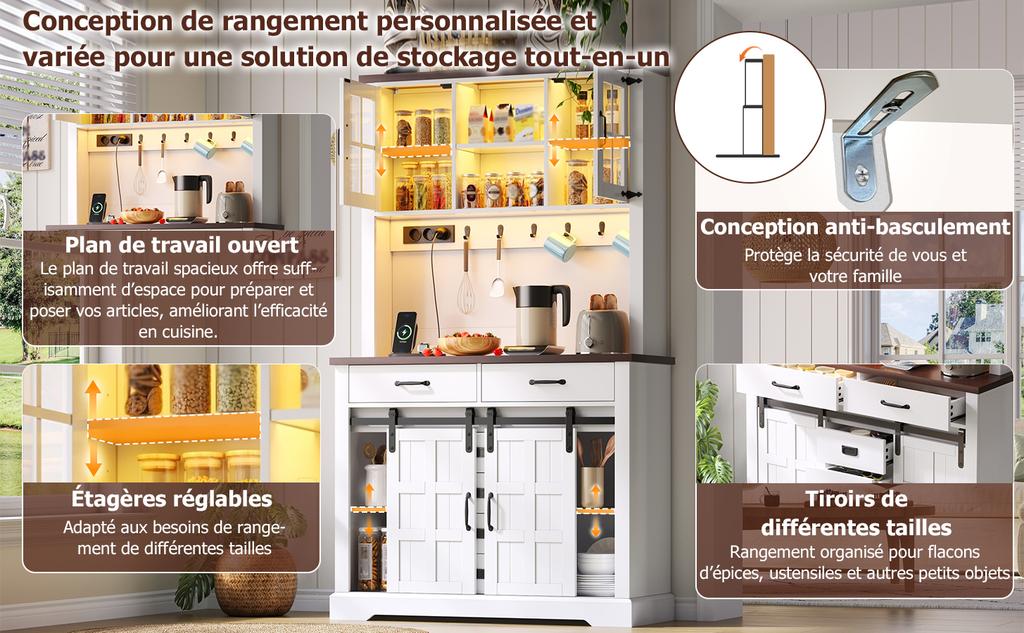 Kitchen Cabinet, Sideboard with Socket and LED Lighting, Furniture with Worktop, 6 Drawers, Adjustable Shelves, Hooks, 180 X 108 X 40 Cm, White