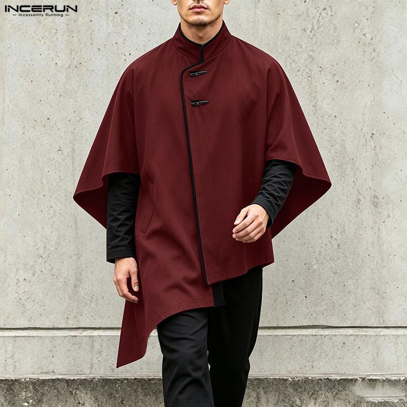 INCERUN Mens Vintage Stand Collar Cape Coat Batwing Sleeve Irregular Hem Streetwear Poncho Cloak
