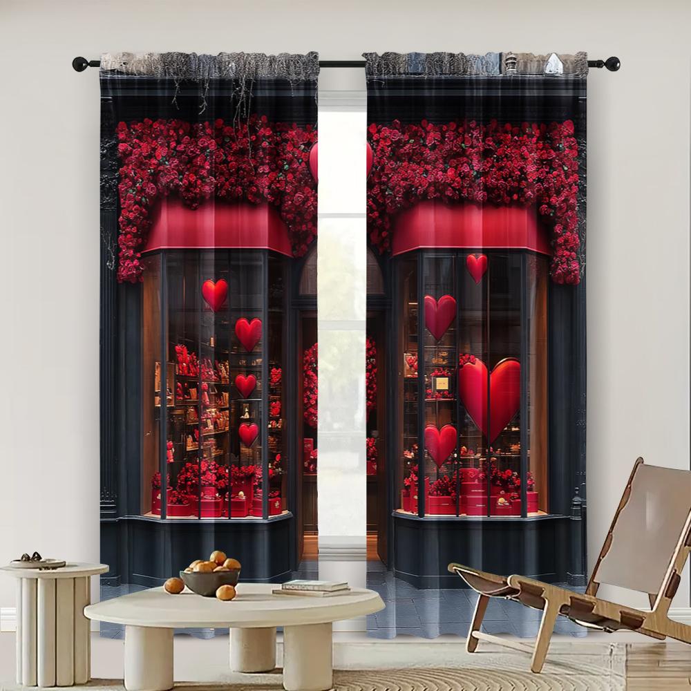 2pc,  Valentine's Day Window Treatment Curtains Romantic Confession Rose Fabric,Without Electricity Party Decorations Suitable
