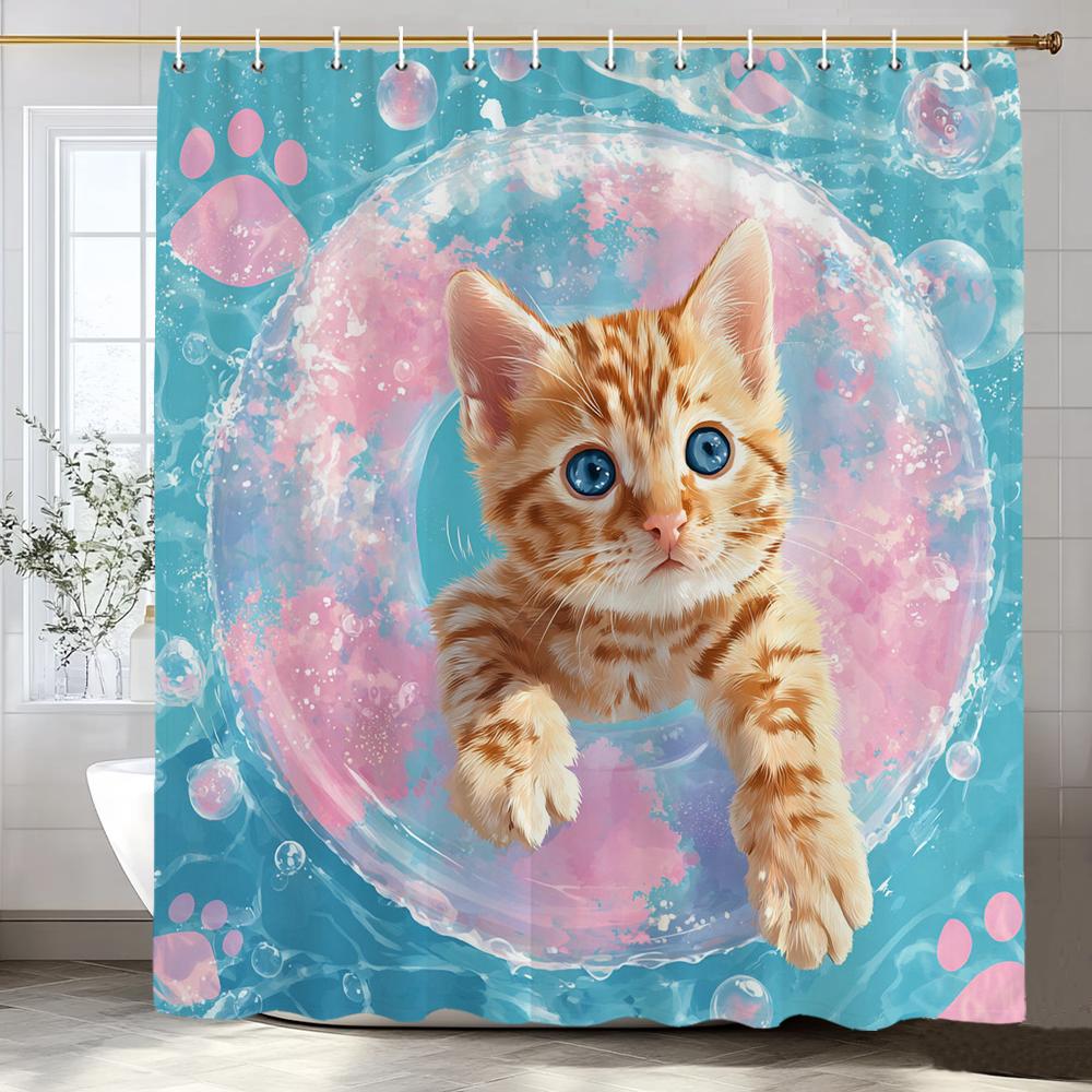 1pc Funny and Creative Surfing Cat and Dog Shower Curtain,Cartoon Bathroom Curtain,Home Polyester Decoration Curtain With Hooks