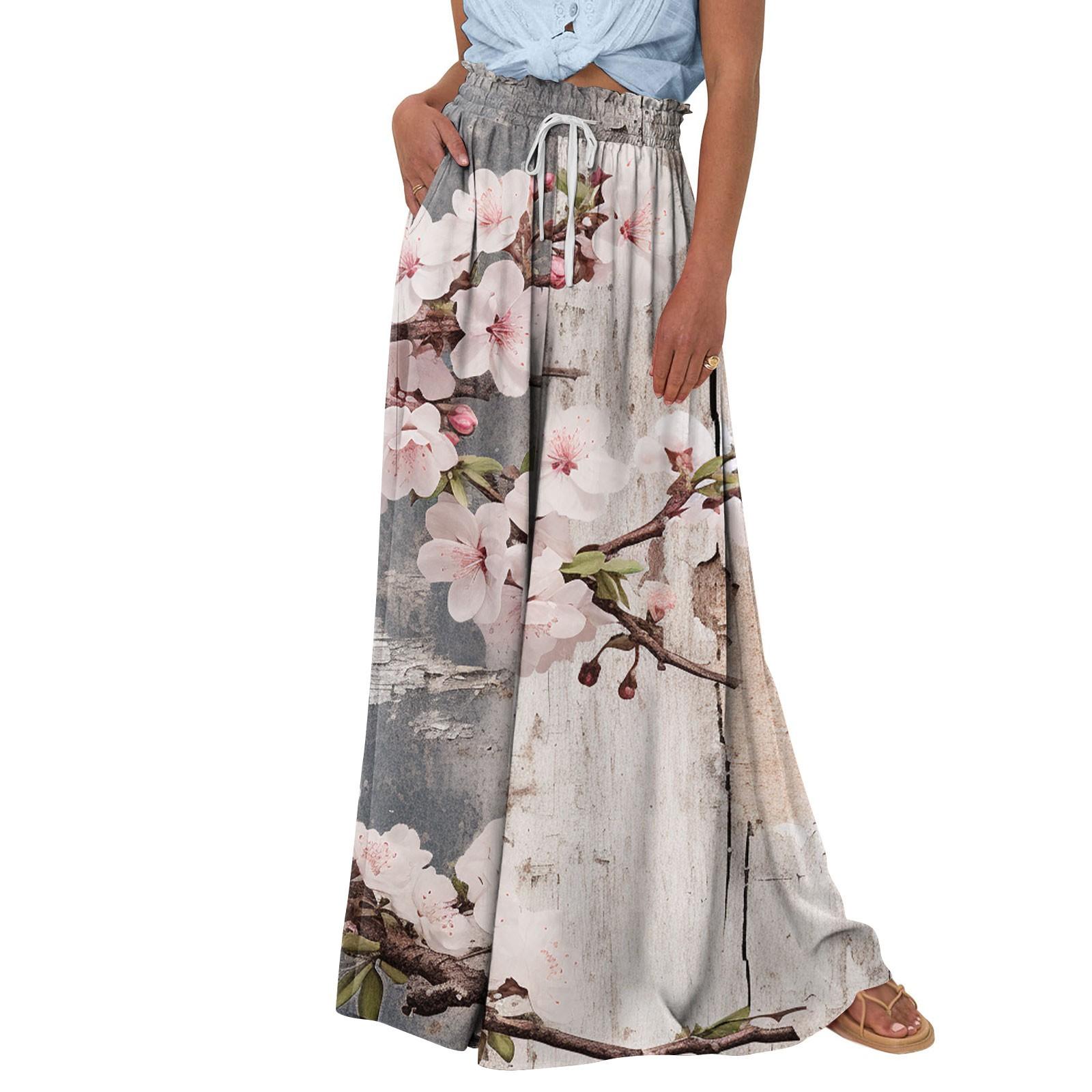 

Женские широкие брюки с высокой талией, летние повседневные струящиеся брюки-палаццо, пляжные брюки с цветочным принтом и карманом XL белый