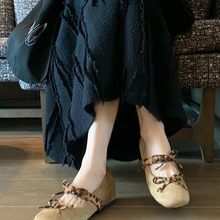 French Mary Jane shoes retro suede leopard print bow inner height increase super foreign style with skirt versatile single shoes women