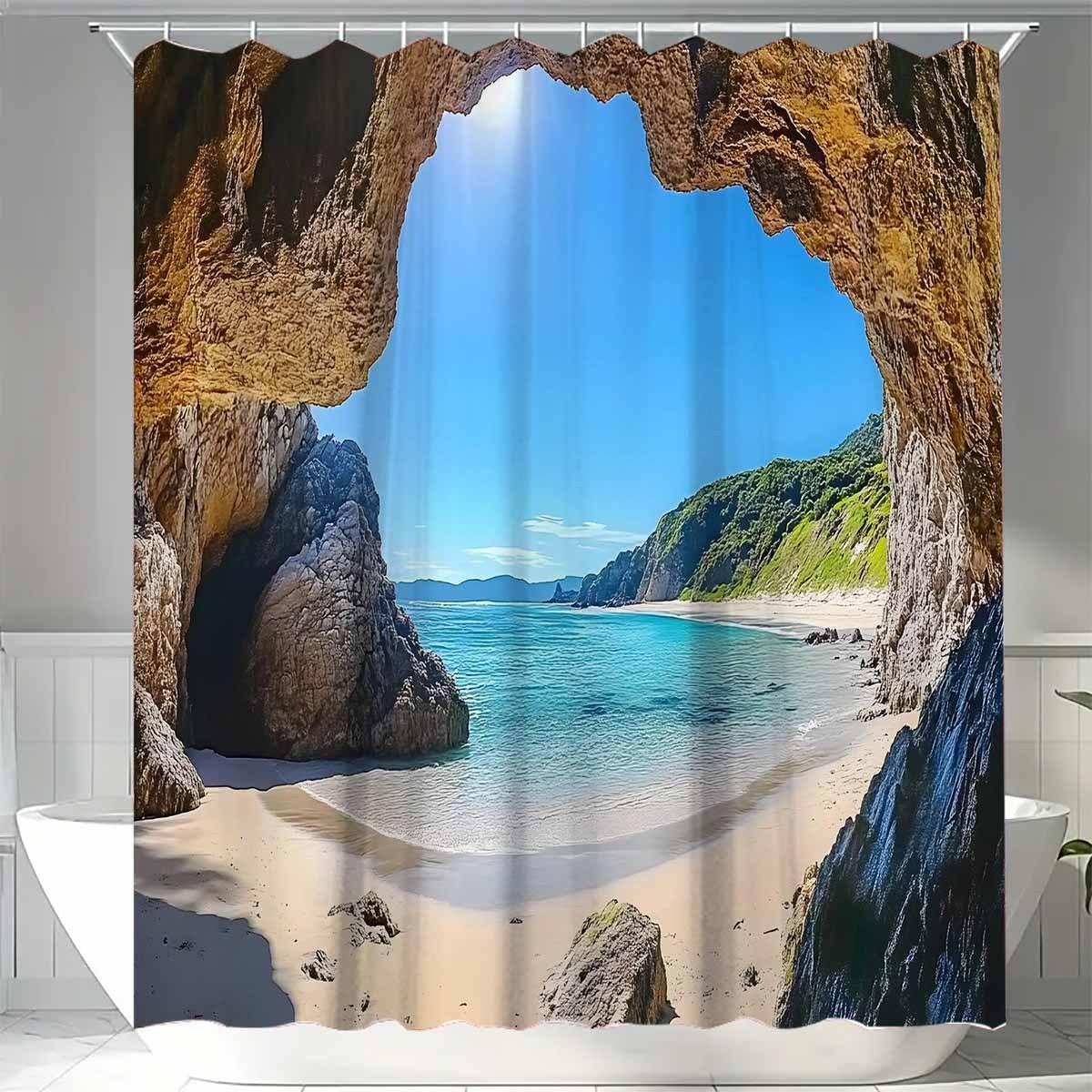 

1Pc Polyester Shower Curtain With Stunning Cave And Beach Scene - Vibrant Underwater View, Easy-Clean Bathroom Decor For Partiti W60H190(CM)-1 Pcs