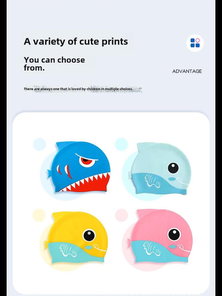 Vysoce elastické silikonové plavecké čepice pro všechny věkové kategorie - Pohodlné, netuhé s potiskem žraloka a ochranou uší pro muže, ženy a děti