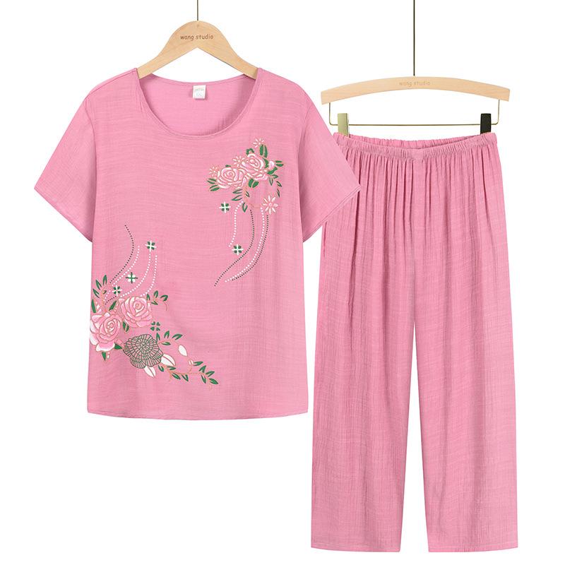 Summer Two-Piece Set: Short-Sleeved T-Shirt and Pajama Pants for Middle-Aged and Elderly Women