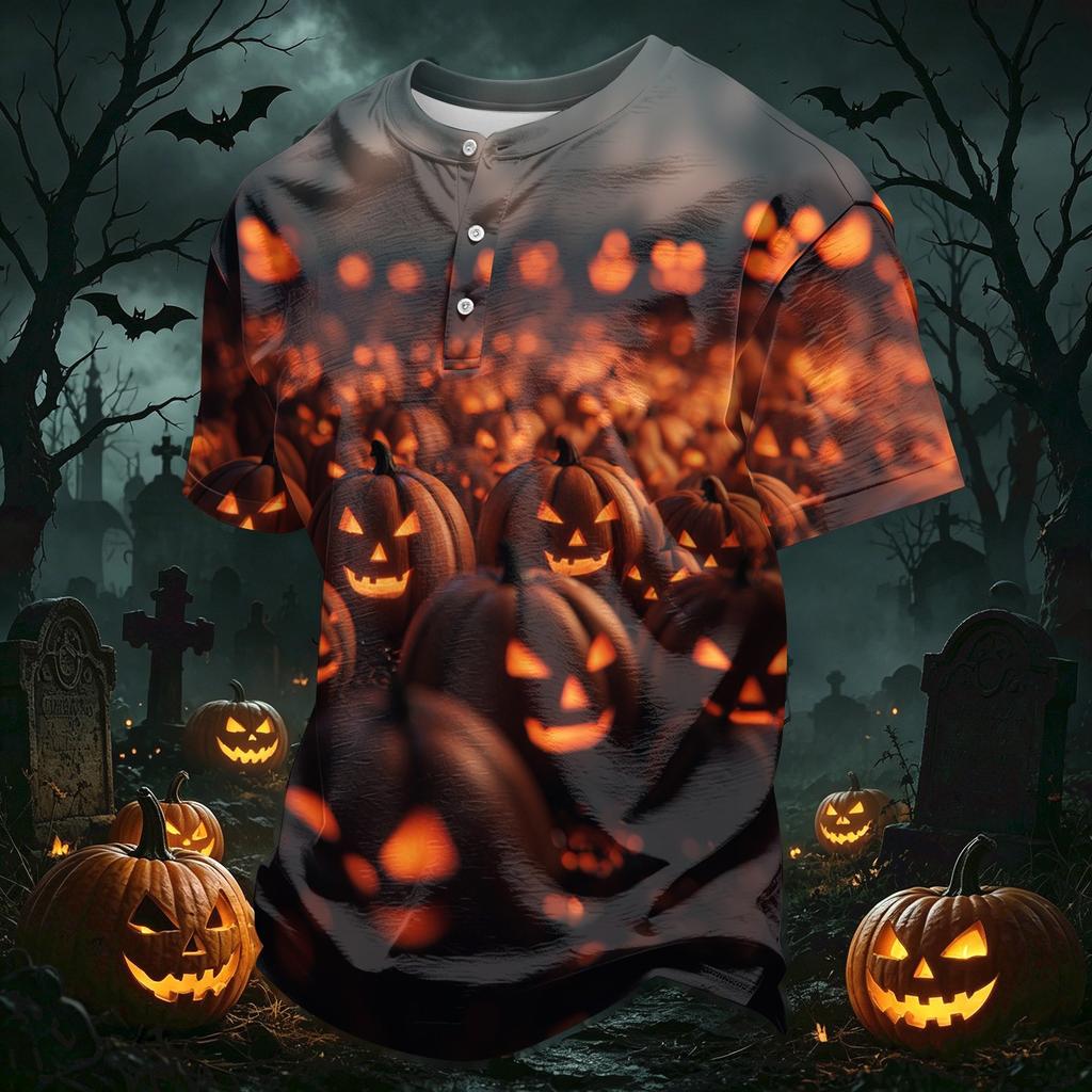 Męska casualowa koszula z kołnierzykiem na guziki, lekka, oddychająca, z krótkim rękawem, z nadrukiem w stylu Halloween, wygodny krój