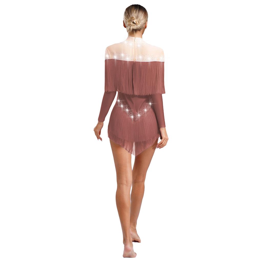 Damski trykot do tańca latynoamerykańskiego z frędzlami, z siateczką na szyi i długimi rękawami, błyszczący, z cyrkoniami, body z frędzlami