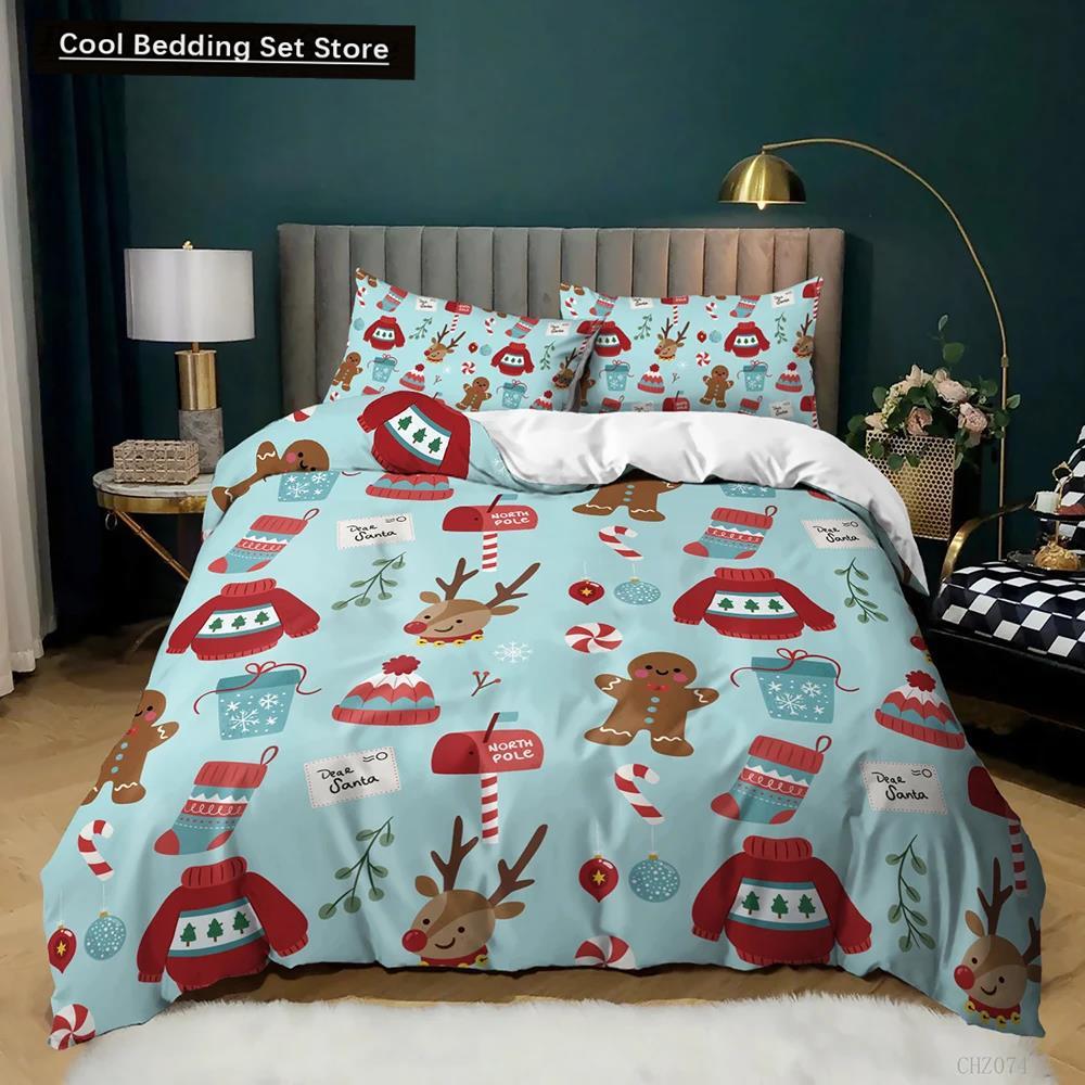 Christmas Duvet Cover Set Winter Snowman Santa Claus Christmas Stocking Bedding Set Double Queen King Size Polyester Qulit Cover