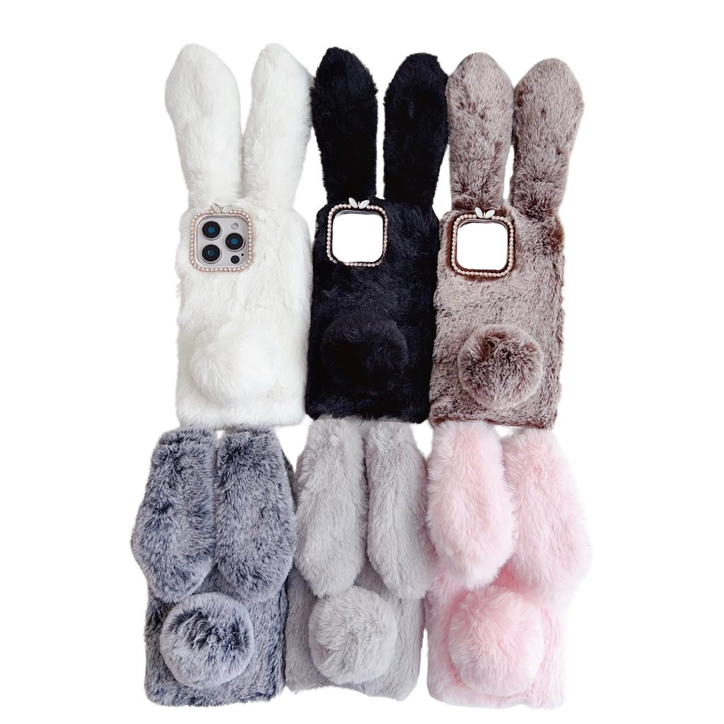 For iPhone 16 Pro Case Bunny Ears Furry Soft TPU Protective Phone Cover