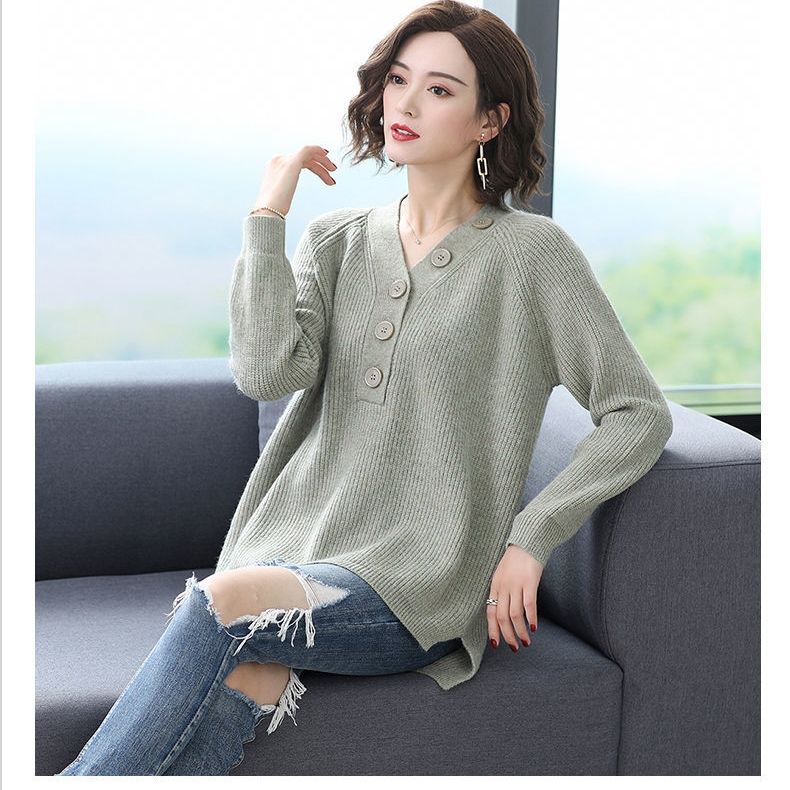 Spring and Autumn Women's V-Neck Sweater Loose Plus Size Knit Sweater Split Pullover Knit Tops Jumper