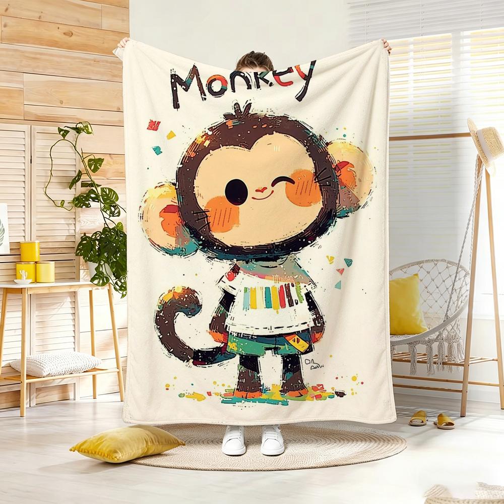 Illustration Cartoon Monkey Throw Lightweight G Flannel Blanket Soft Skinfriendly for Summer Cooling