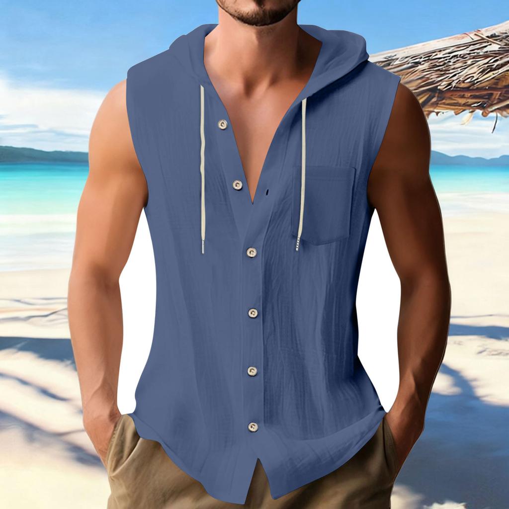 Men's Casual Sleeveless Shirt Cotton Linen Hooded Fashionable  Color Loose Vest Top