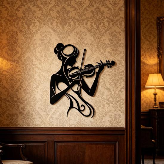Musik Wandkunst Schwarz 2D Flache Frau spielt Violine Silhouette Metallskulptur Feminine Wanddekoration für Musikzimmer Studio Einweihungsgeschenk