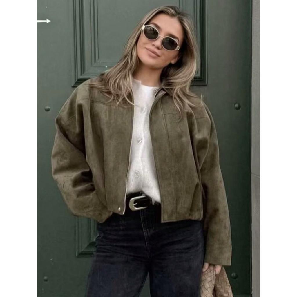 Damen Kurze Pilotenjacke Frühling/Herbst/Winter Jacke Locker Langarm Reißverschluss Retro Jacke Damen Neue Jacke
