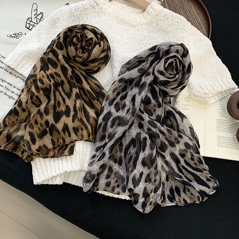 Retro Coffee Leopard Print Silk Scarf Neck Women's Thin Silk Scarf Long Strip High-end Scarf Shawl