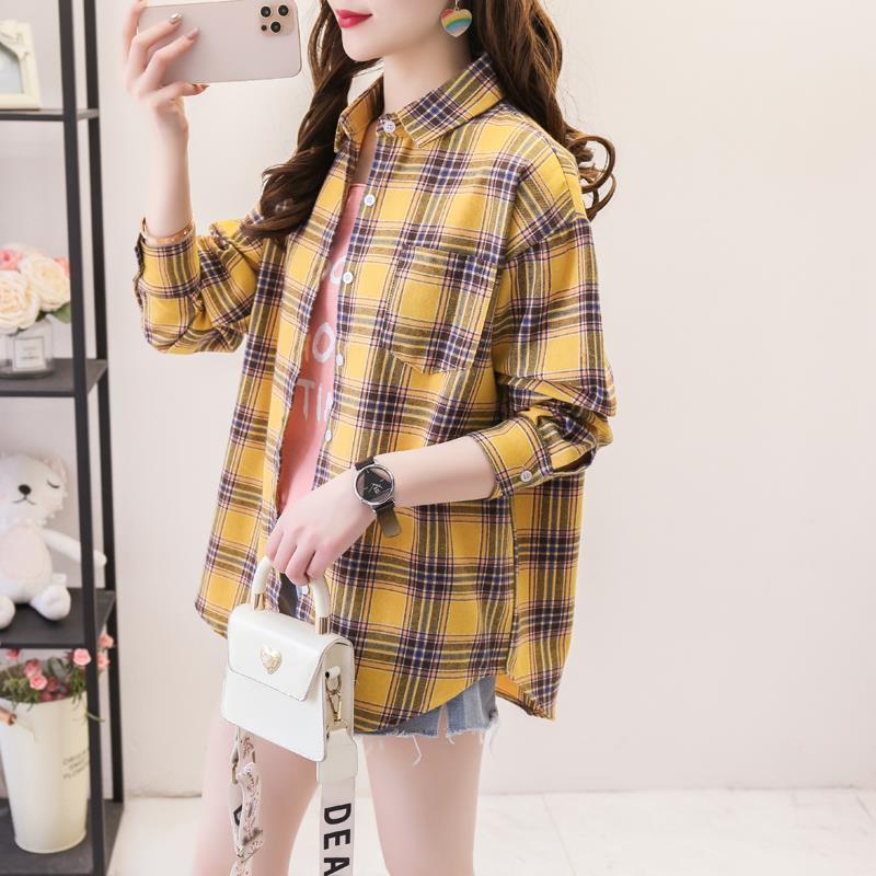 Women's Spring and Autumn Long-sleeved Loose Brushed Plaid Shirt