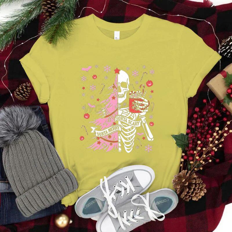 Street Christmas Fashion Short Sleeve Tshirts for Women Festive Skeleton with Coffee Tree Print Tshirt Festive Holiday Tee Top