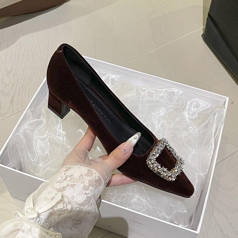 5168-13 Senior Design Sense Rhinestone Square Buckle Cashmere Square Head Temperament High Heels Thick Heel Single Shoes Red