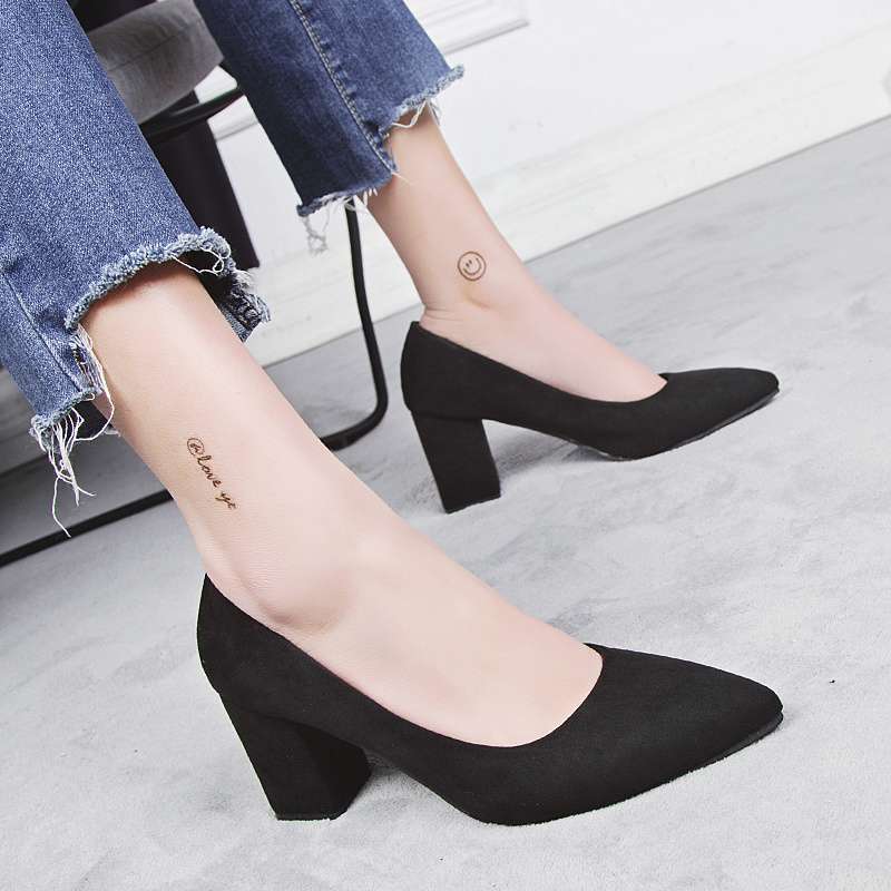 Work Shoes Women's Black Career Interview Work Dress Pointed High Heels Women's Thick Heels Medium Heel Comfortable Single Shoes Women's Shoes