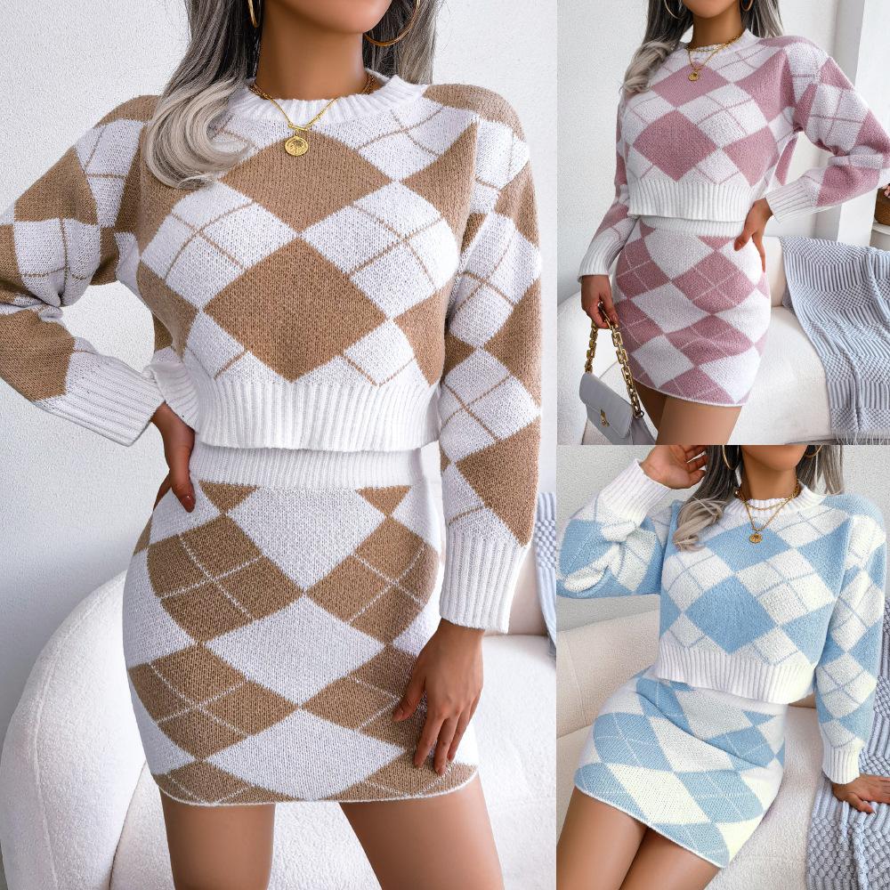 Dámský podzimní zimní kontrastní kosočtvercový pletený pupíkový svetr s obalem přes boky a sukňovým setem
