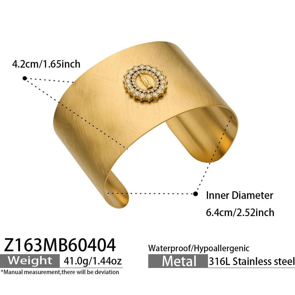 18K Gold-Plated Sand Finish Wide Cross Open Bangle with Full Diamond Design.