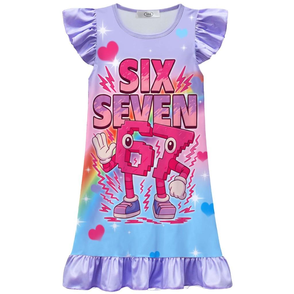82603 Kids Girls Six Seven Brainrot 67 Print Casual Dress