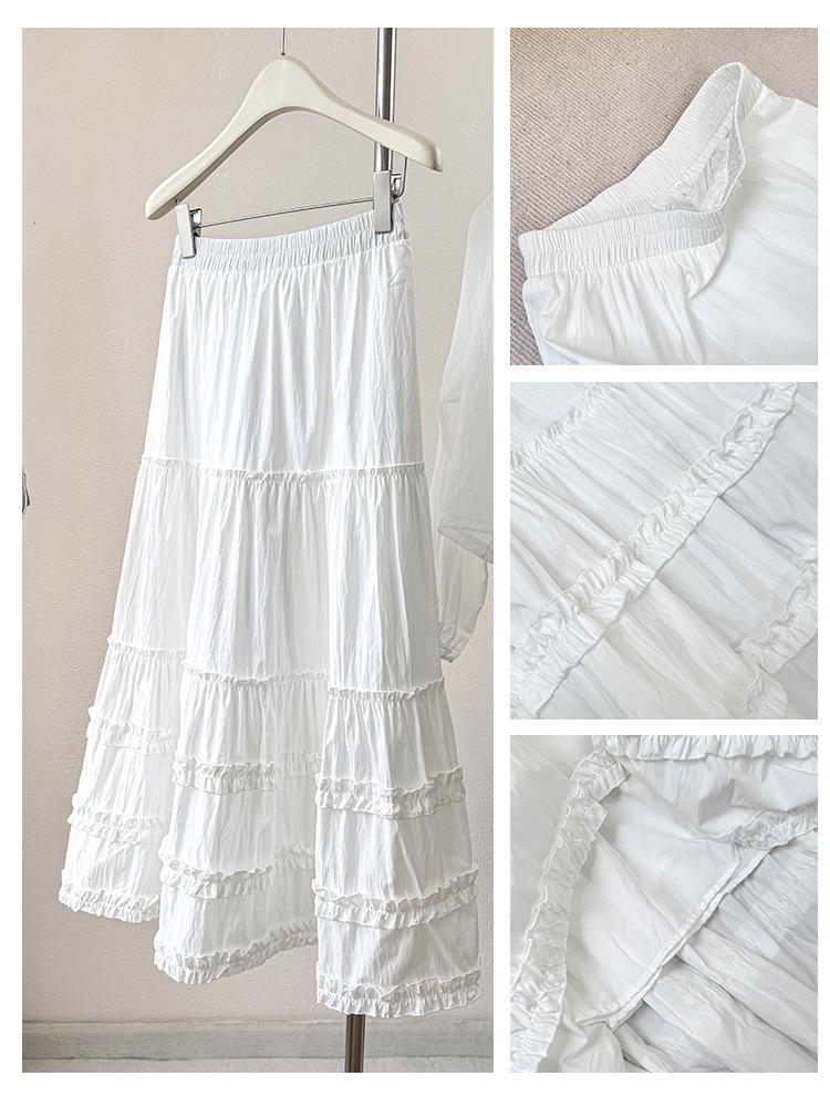 Korean-Style Black Layered Ruffled Lace Long Skirt - Women's Spring/Summer 2026