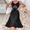 Elegant Black Lace Satin Nightgown: See-through, V-neck, Midi Length, Comfortable Camisole Dress.