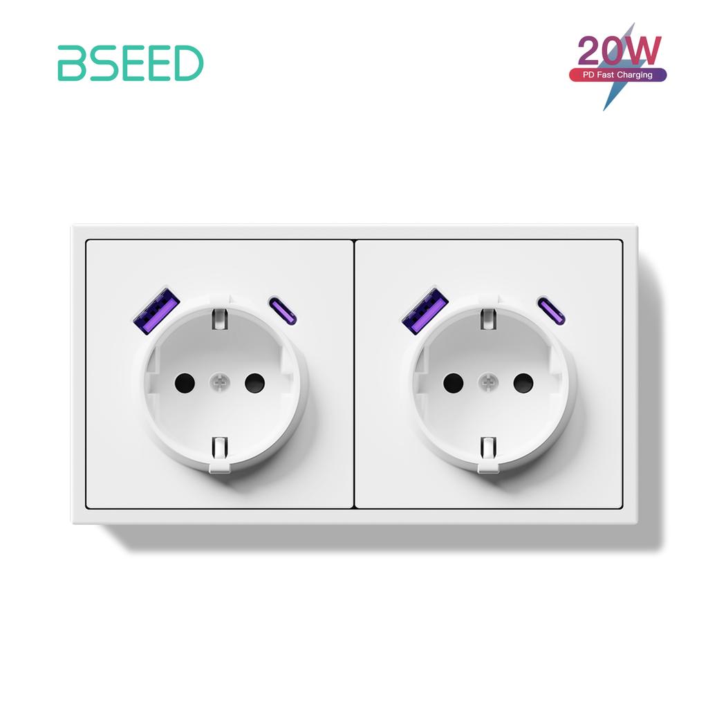 BSEED Double EU Socket 150*80mm Power Outlets Electric Sockets Plastic Wall USB C Socket White Black Gold Gray 16A E Series