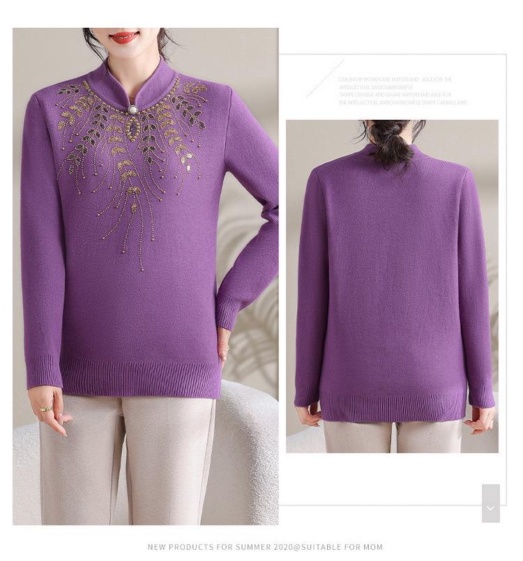 Elegant Red Knitted Pullover: Warm, Fashionable Sweater for Middle-aged and Elderly Women
