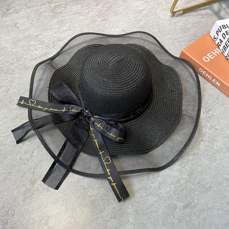 

Style Versatile Hat Straw Woven Multiple Sweet And Cool Bow Hatscaps Shading Black