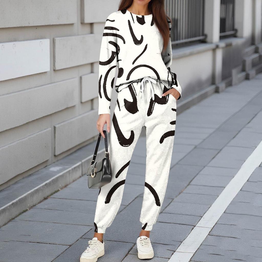 Sets For Women 2 Piece Round Neck Long Sleeve Shirts Printed Sweatpants Pocket Sets