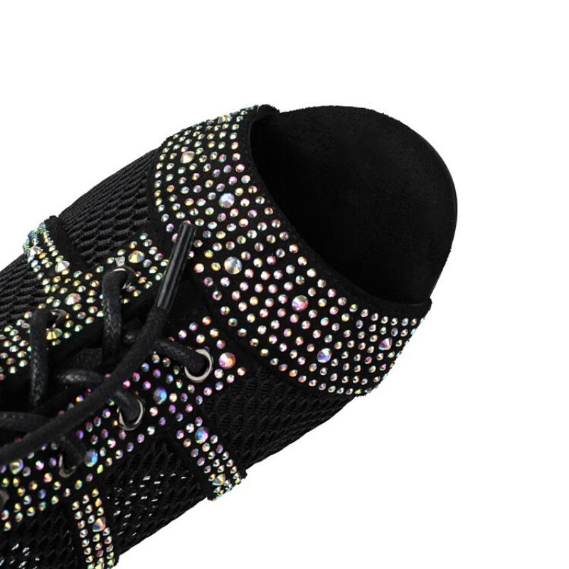 Fashion Water Diamond Hollow Out Fish Mouth Cross Strap Cool Boots European American Women 8cm High Heels Jazz Dance Latin Dance Sandals