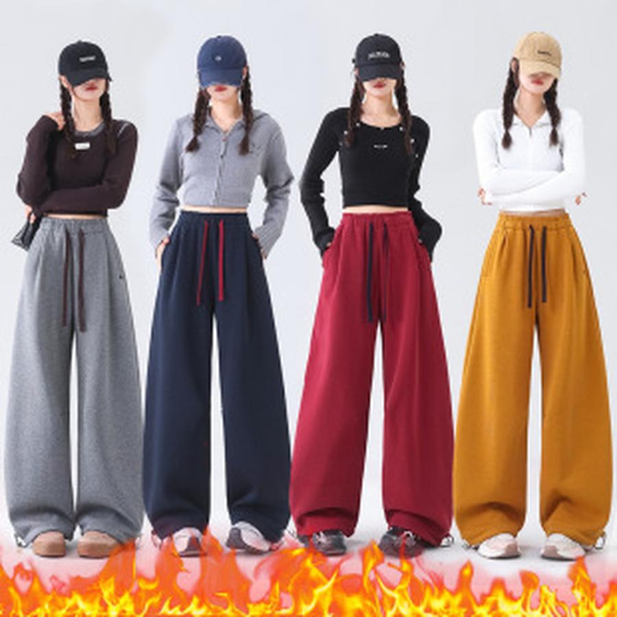 Autumn Winter New Style Fleece Thick High Waist Knife Leg Pants Women Wide Leg Casual Pants