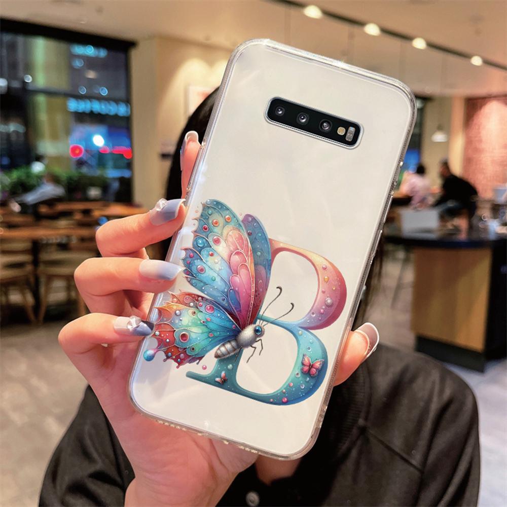 For Samsung Galaxy S10 Plus S10+ S10e Silicone Cover Transparent Clear Samsung s10 Cute Blue Butterfly Flower Letters Phone Case