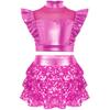 Girls Jazz Dance Outfit Mock Neck Rhinestone Adorned Mesh Patchwork Sleeveless Metallic Ruffle Crop Top