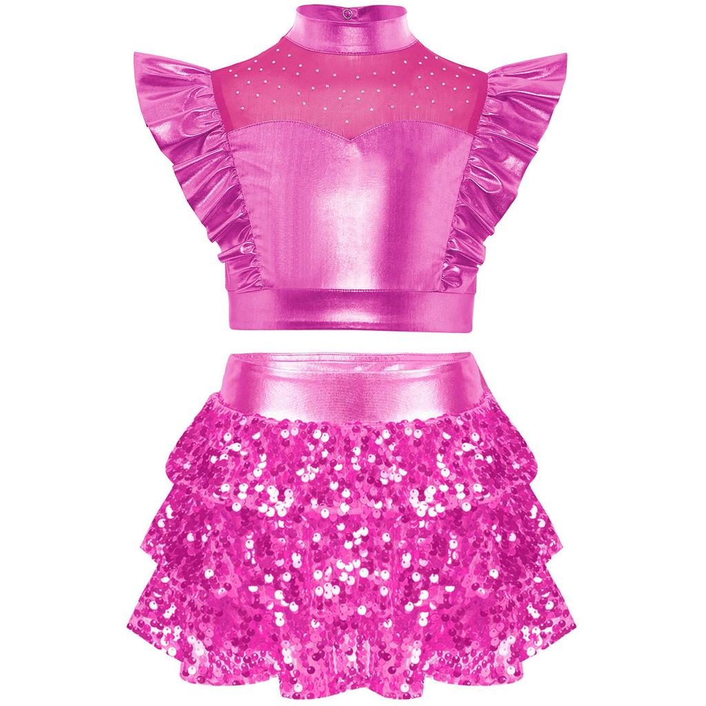 Girls Jazz Dance Outfit Mock Neck Rhinestone Adorned Mesh Patchwork Sleeveless Metallic Ruffle Crop Top