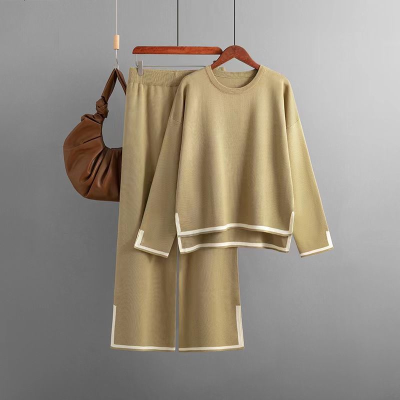 

New Arrival Contrast Color Slit Knitted Tops Loose Pants Two-Piece Suit Loose Knit Top and Pants Set Khaki One size