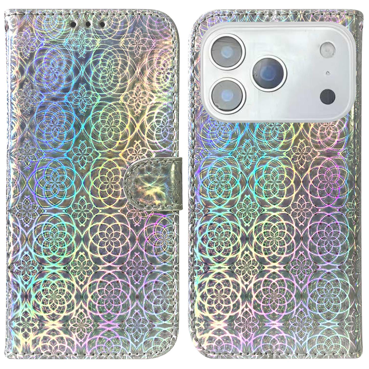 

For iPhone 17 Pro Max Stand Case Dazzling Flower Leather Phone Cover with Wrist Strap Grey