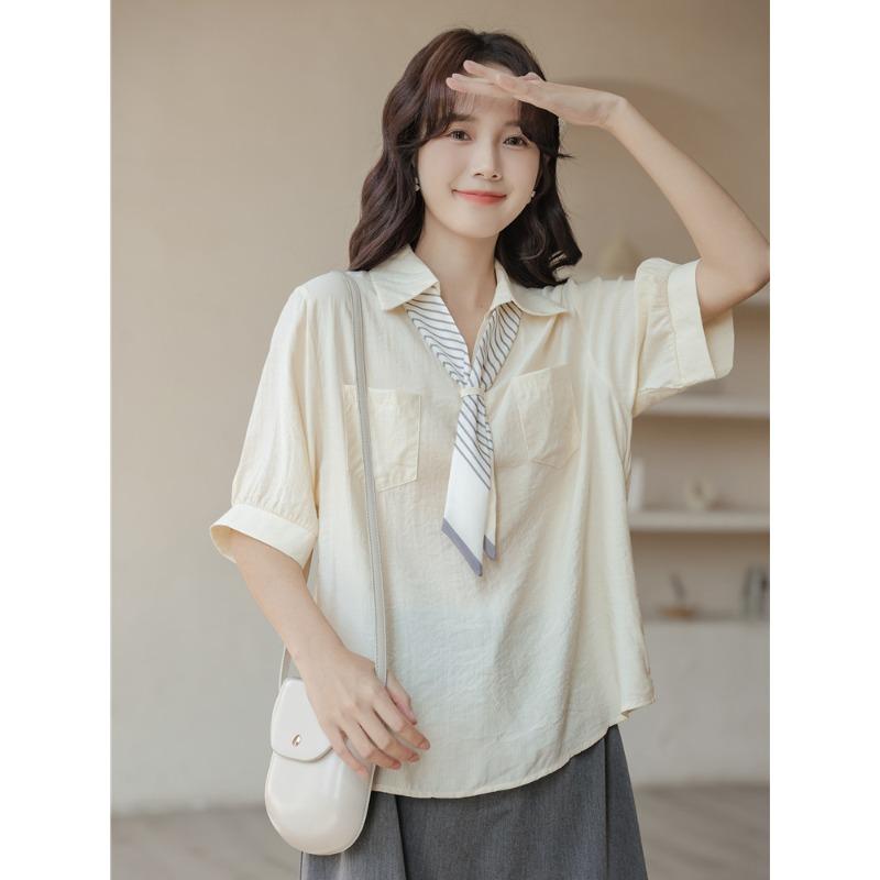 

Japanese Solid Color Women s Shirt Minimalist Design Temperament Blouse Korean Minimalist Ladies Short Sleeved Shirt One Size бежевый