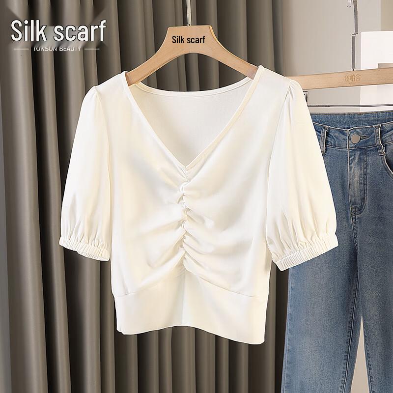 Women s V-Neck Pleated Puff Sleeve Short T-Shirt XL