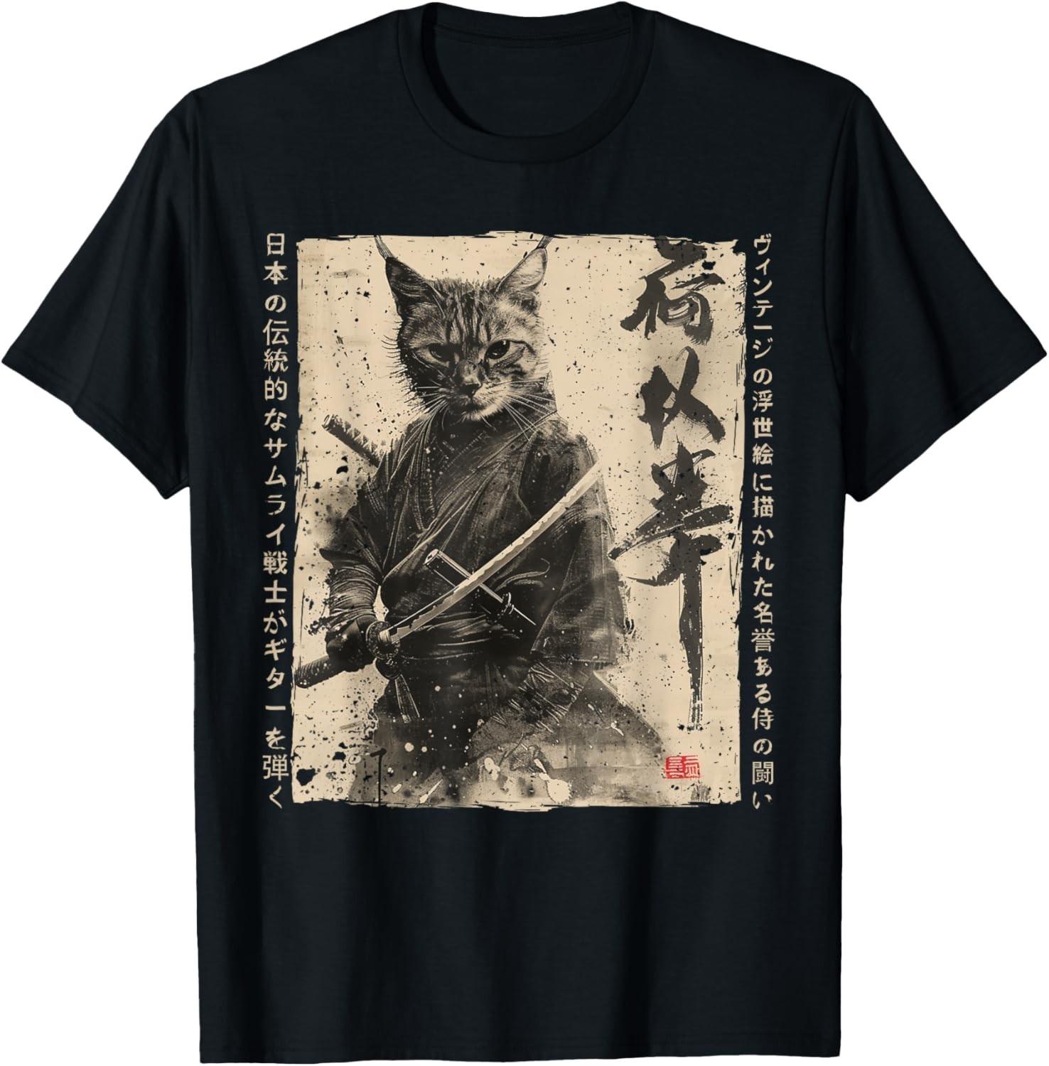 Samurai Cat Warrior Ukiyo Ink Artwork Cat Samurai Gift Unisex T-Shirt Mens Womens Tees Top S