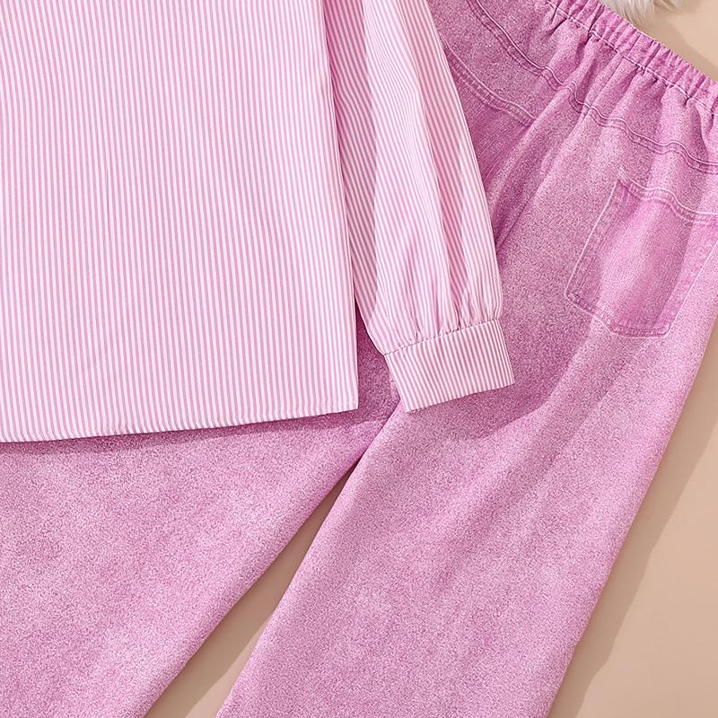 Teenagers Children Set 2025 Autumn New Girls Ripped Jeans Long Sleeve Striped Shirt Pink Hip-Hop Style Two-Piece Set